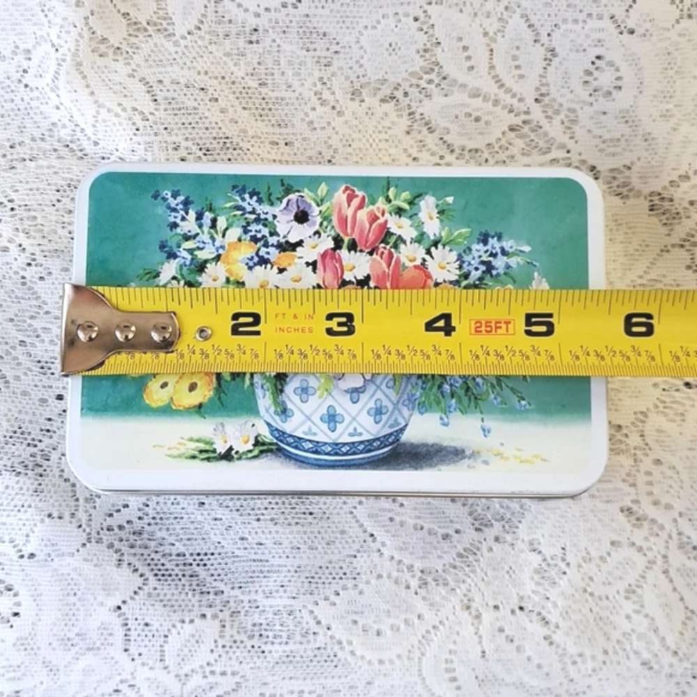 Small Vintage Tin Metal Hinged Storage Box Floral Bouquet Made in England